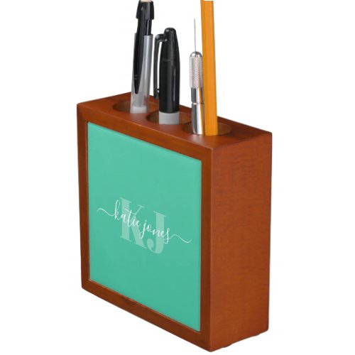 Minimal Retro Typography  Aqua Monogram Desk Organizer