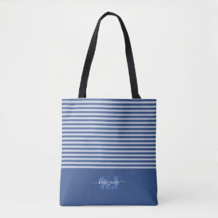 Minimal Retro Typography   Blue Monogram Tote Bag
