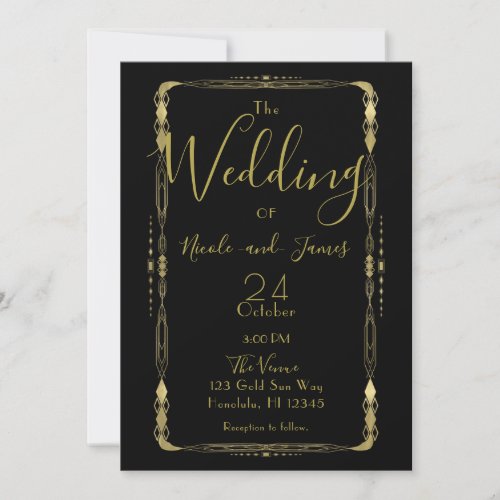 Minimal Retro Vintage Black  Gold Deco Wedding In Invitation