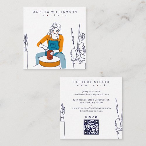 Minimal Retro Woman Pottery Ceramic Illustration Square Business Card