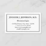 This professional, minimal, and understated business card design features a double-line black border. It could be used by a professional such as a rheumatologist, paediatrician, endocrinologist or neurologist. The name, profession and contact details can be personalized.