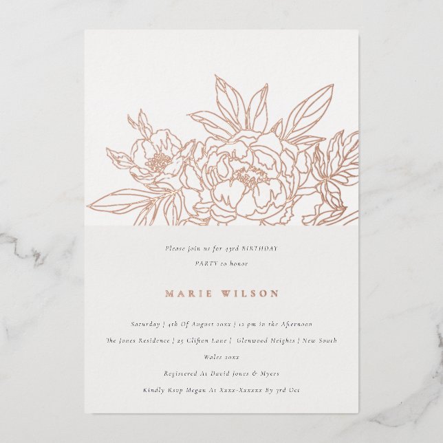 Minimal Rose Floral Sketch Any Age Birthday Foil Invitation (Front)