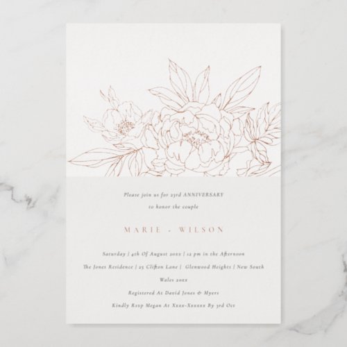 Minimal Rose Floral Sketch Any Year Anniversary Foil Invitation
