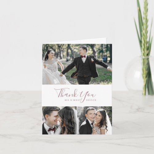Minimal Rose Gold 3 Photo Collage Thank You Card