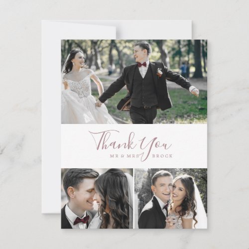Minimal Rose Gold 3 Photo Collage Thank You Card