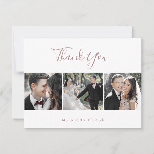 Minimal Rose Gold 3 Photo Template Thank You Card