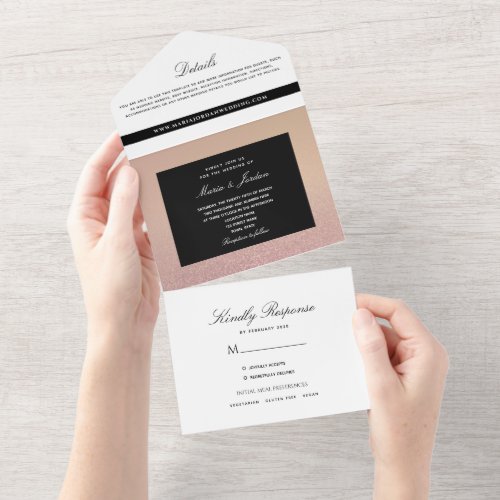 Minimal Rose Gold and Black Wedding All In One Invitation