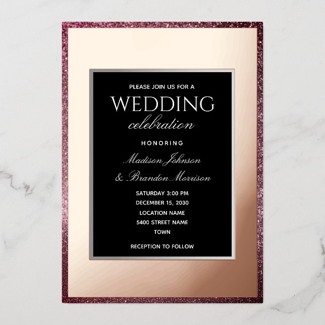 Minimal Rose Gold and Black Wedding Foil Invitation (Front)