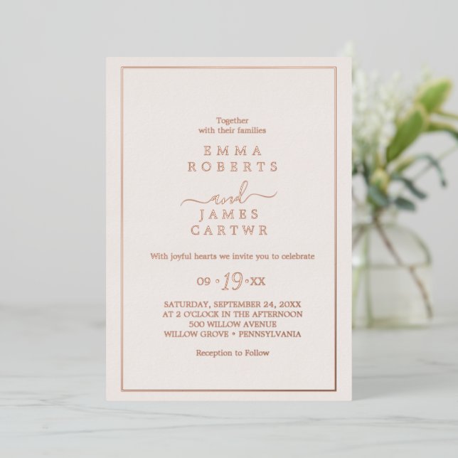 Minimal Rose Gold Foil | Blush Bold Names Wedding  Invitation (Standing Front)
