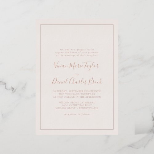 Minimal Rose Gold Foil  Blush Traditional Wedding Foil Invitation