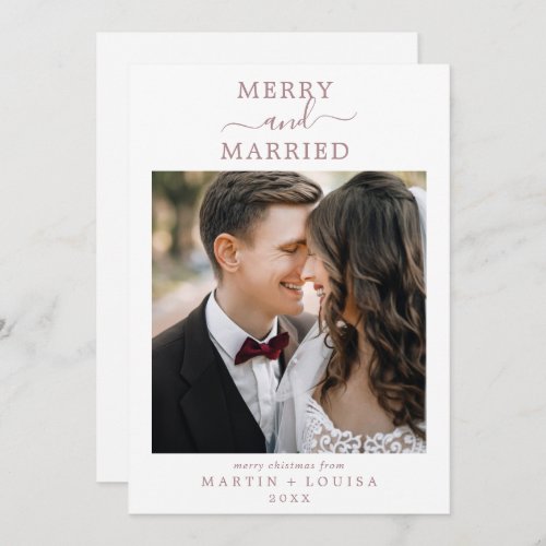 Minimal Rose Gold Merry and Married Newlywed Photo Holiday Card