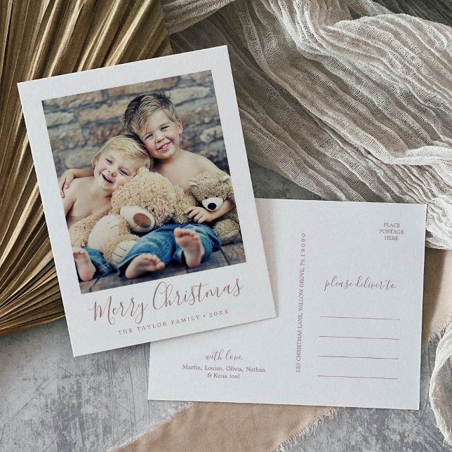 Minimal Rose Gold Merry Christmas Portrait Photo Holiday Postcard (Creator Uploaded)