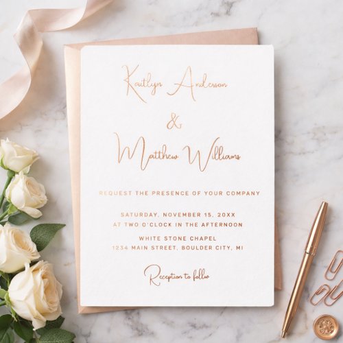 Minimal Rose Gold Modern Elegant Script Wedding Foil Invitation