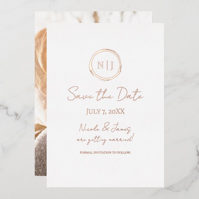 Minimal Rose Gold Modern Glam Save the Date Photo  Foil Invitation (Front/Back)