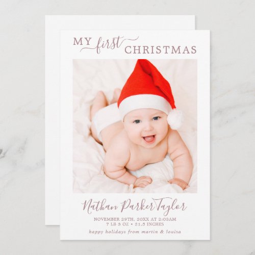 Minimal Rose Gold My First Christmas Baby Photo Holiday Card