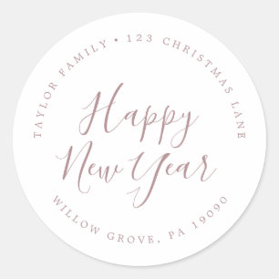 Minimal Rose Gold New Year Circular Return Address Classic Round Sticker