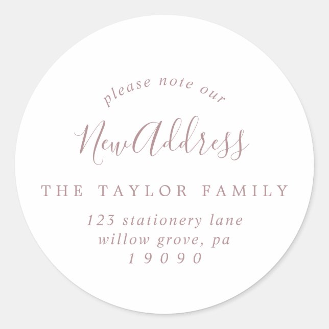 Minimal Rose Gold Note Our New Address Envelope Classic Round Sticker (Front)