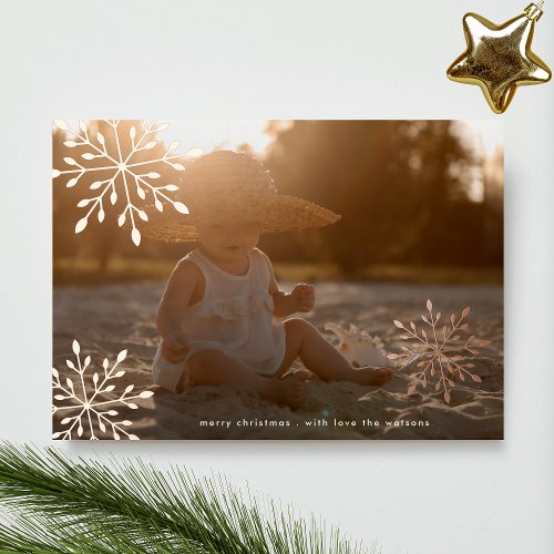 Minimal Rose Gold Snowflakes Merry Christmas Photo Foil Holiday Card