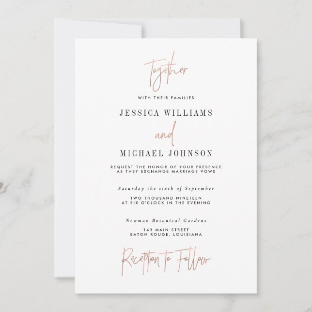 Minimal Rose Gold Typography Wedding Invitation (Front)