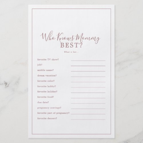 Minimal Rose Gold Who Knows Mommy Best Trivia Game Flyer