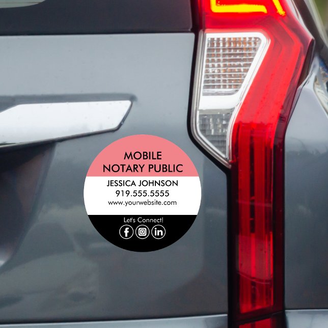 Minimal Round Black & Pink Mobile Notary Marketing Car Magnet (Creator Uploaded)