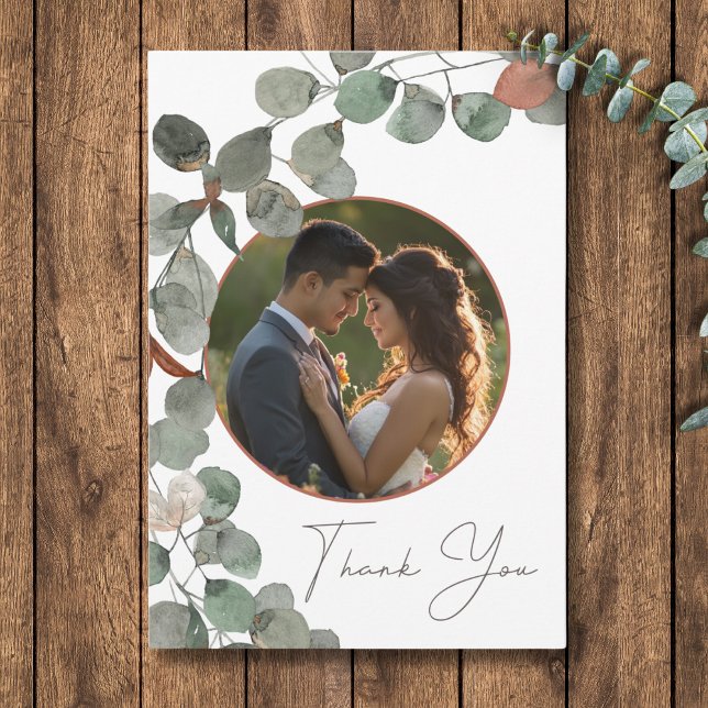 Minimal Rust Green Eucalyptus Wreath Photo Wedding Thank You Card (Minimal Rust Green Eucalyptus Wreath Photo Wedding Thank You Card)