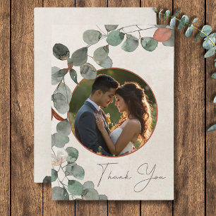 Minimal Rust Green Eucalyptus Wreath Photo Wedding Thank You Card