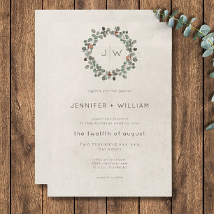 Minimal Rust Green Eucalyptus Wreath Wedding Invitation