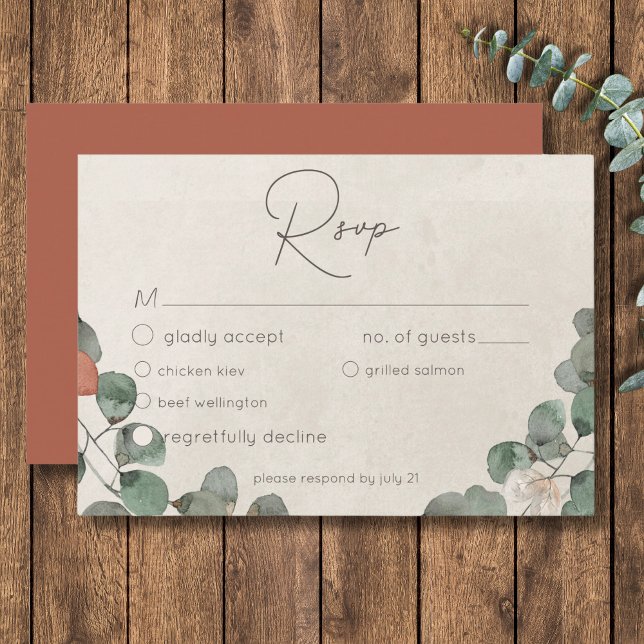 Minimal Rust Green Eucalyptus Wreath Wedding RSVP Card (Minimal Rust Green Eucalyptus Wreath Wedding RSVP Card)