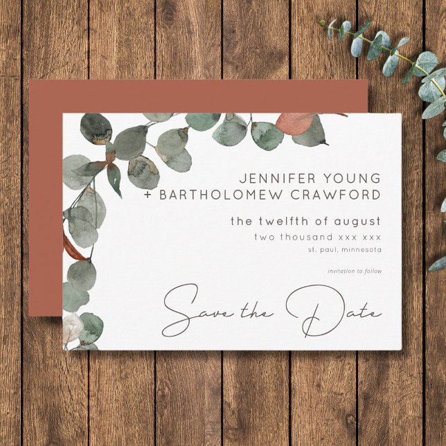 Minimal Rust Green Eucalyptus Wreath Wedding Save The Date (Minimal Rust Green Eucalyptus Wreath Wedding Save The Date)