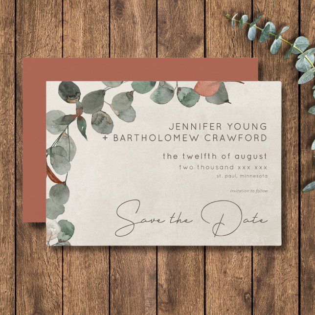Minimal Rust Green Eucalyptus Wreath Wedding Save The Date (Minimal Rust Green Eucalyptus Wreath Wedding Save The Date)