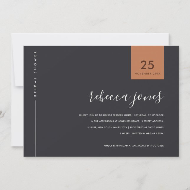 MINIMAL RUST ORANGE BLACK TYPOGRAPHY BRIDAL SHOWER INVITATION (Front)