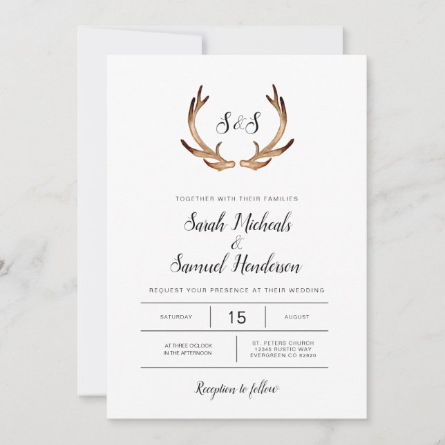 Minimal Rustic Antler Watercolor Wedding Invitation (Front)