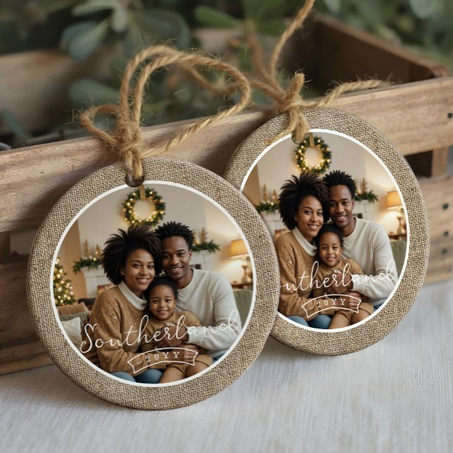 Minimal Rustic Farmhouse Burlap Personalized Photo Ceramic Ornament (Minimal Rustic Farmhouse Burlap Personalized Photo Ceramic Ornament)
