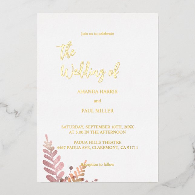 Minimal Rustic Floral Foil wedding Invitation Foil Invitation (Front)