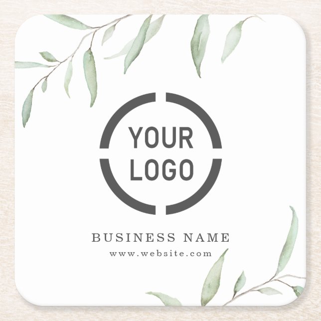 Minimal rustic greenery branded business logo square paper coaster (Front)