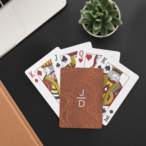 Minimal Rustic Modern Trendy Woodgrain Monogram Poker Cards