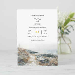 Minimal Rustic Seaside Rocky Shore Beach Wedding Invitation