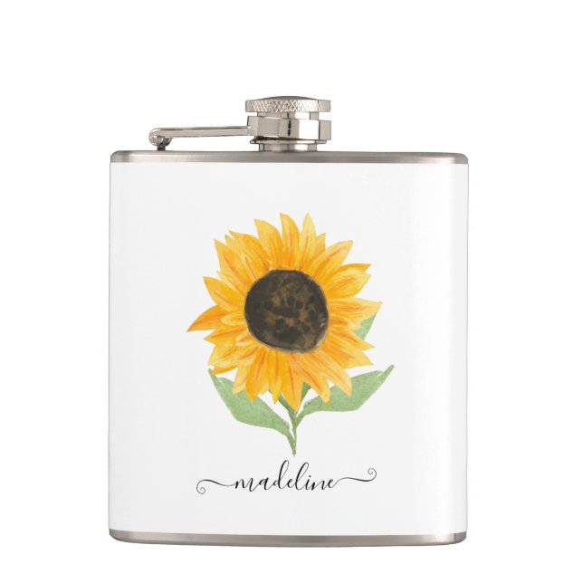 Minimal Rustic Sunflower Personalized Name Script Flask (Front)