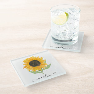 Minimal Rustic Sunflower Personalized Name Script Glass Coaster