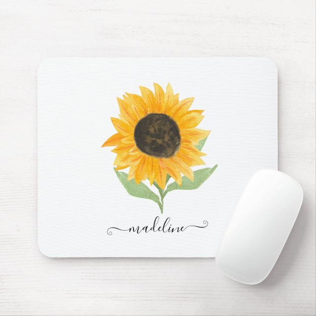Minimal Rustic Sunflower Personalized Name Script Mouse Pad (With Mouse)
