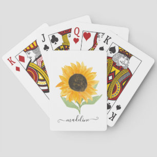 Minimal Rustic Sunflower Personalized Name Script Poker Cards