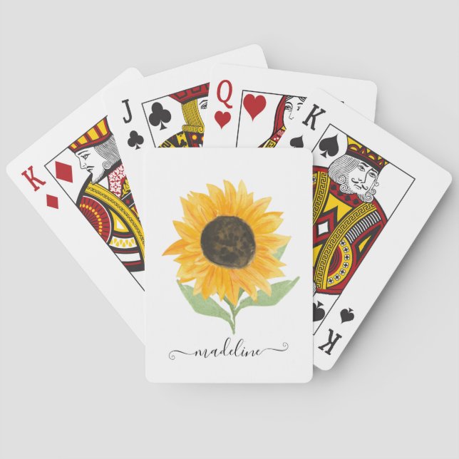 Minimal Rustic Sunflower Personalized Name Script Poker Cards (Back)