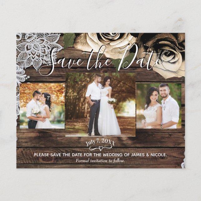 Minimal Rustic Wood Gold Roses Photo Save the Date (Front)