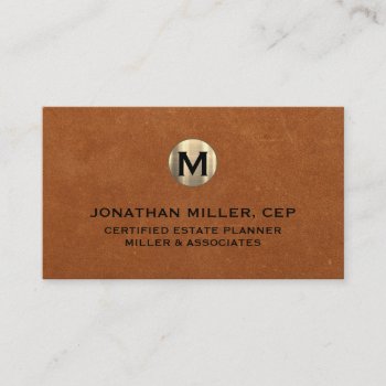 Minimal Sable Leather Gold Initial Business Card by kisasa_home at Zazzle