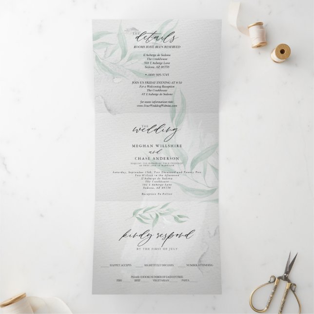 Minimal Sage Eucalyptus Gray Watercolor Tri-Fold Invitation (Inside)