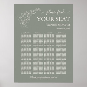 Minimal Sage Green 12 Table Seating Chart Wedding