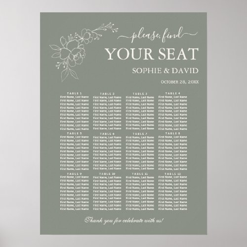 Minimal Sage Green 12 Table Seating Chart Wedding