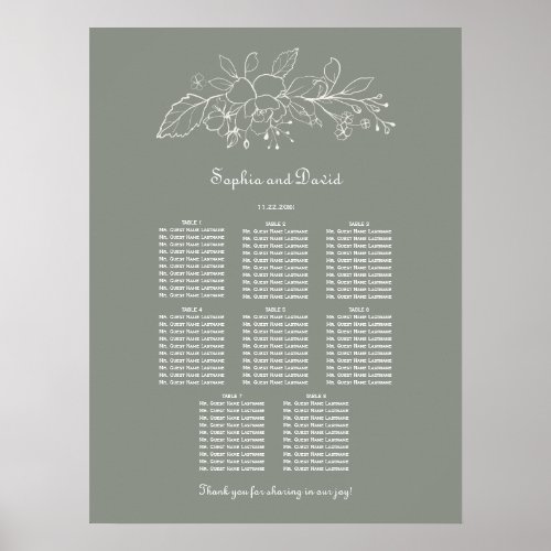 Minimal Sage Green 8 Tables Wedding Seating Chart