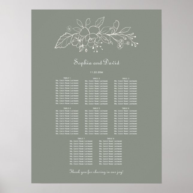 Minimal Sage Green 8 Tables Wedding Seating Chart (Front)